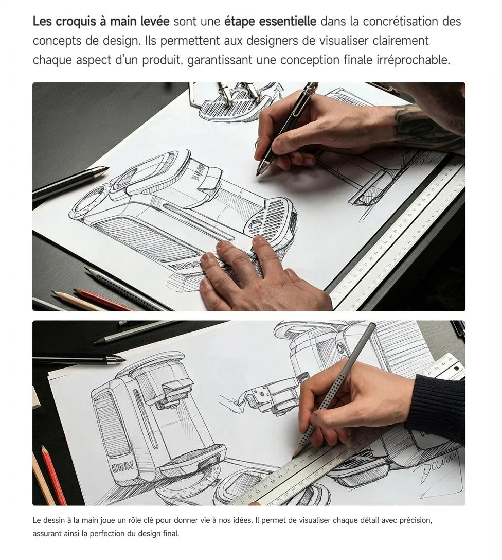 Croquis à main levée illustrant le processus de conception de la HiBREW H6.