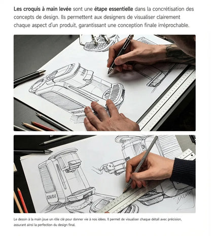 Croquis à main levée illustrant le processus de conception de la HiBREW H6.