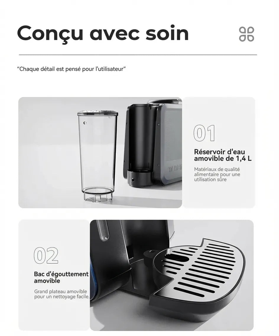 Réservoir d'eau amovible de 1,4 L et bac d'égouttement de la machine à café.