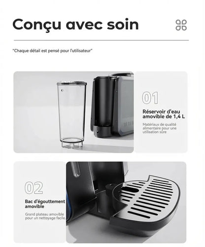 Réservoir d'eau amovible de 1,4 L et bac d'égouttement de la machine à café.