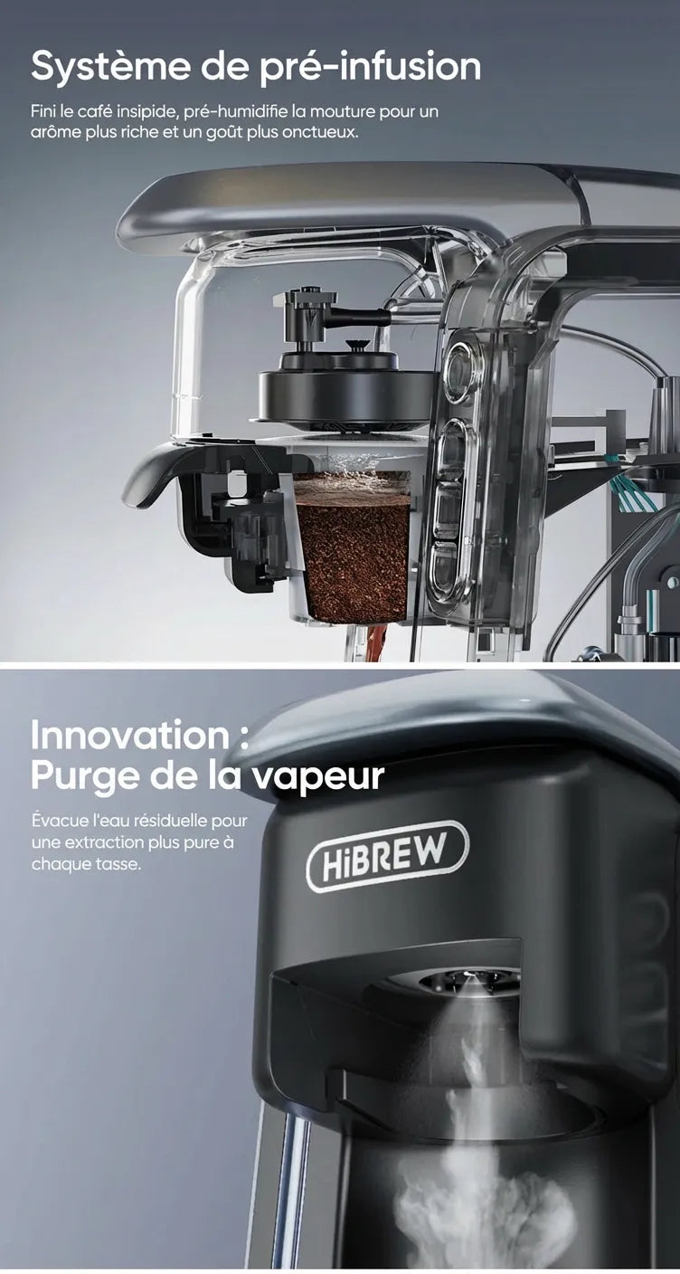 Vue interne du système de pré-infusion et de la purge de vapeur automatique.
