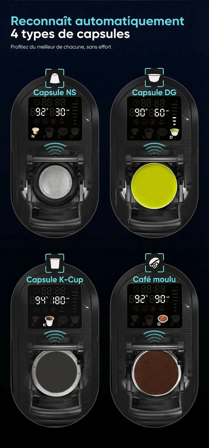 Reconnaissance automatique des capsules NS, DG, K-Cup et du café moulu.