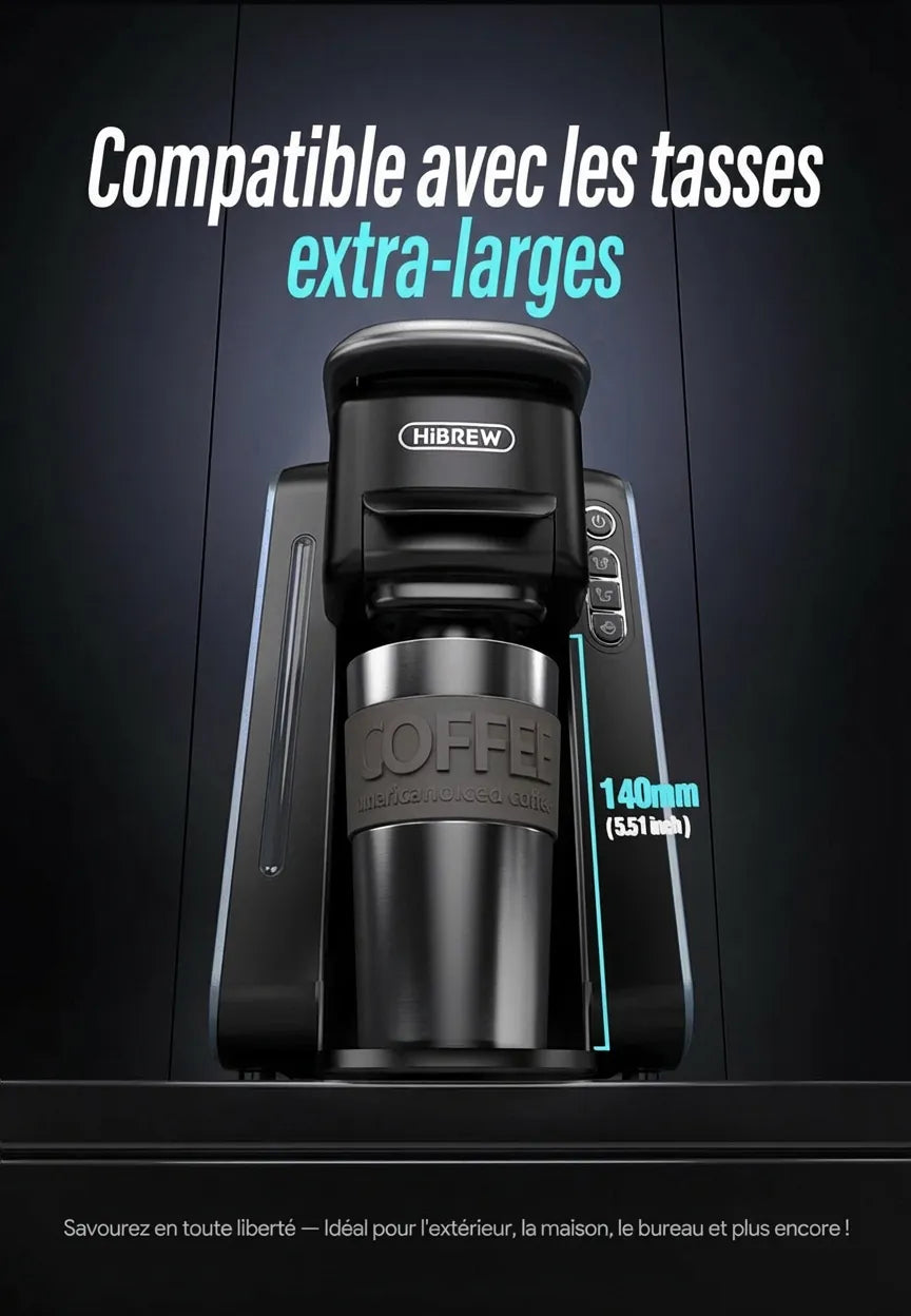 Compatibilité de la machine avec un grand mug de voyage de 140 mm.