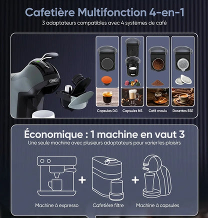 Les trois adaptateurs de la machine 4-en-1 compatibles avec capsules, dosettes et café moulu.