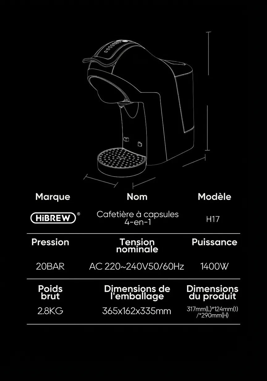 Schéma technique de la cafetière HiBREW H17 avec dimensions, pression de 20 bars et puissance.