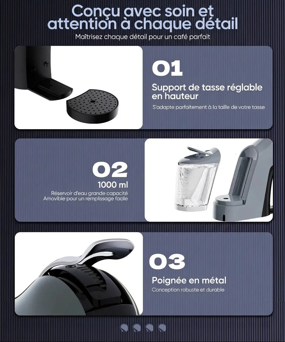 Détails premium : support de tasse réglable, réservoir 1000 ml et poignée en métal robuste.