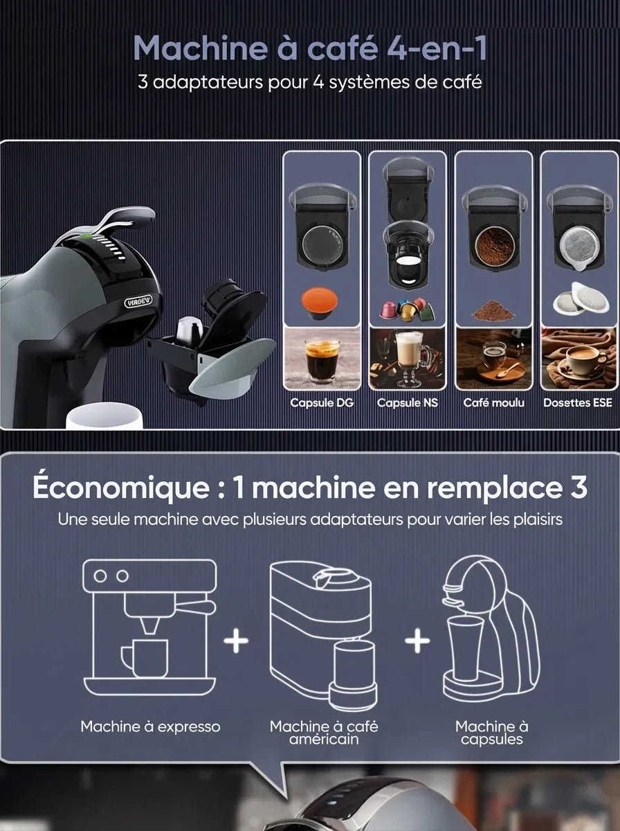 La machine HiBREW H17 remplaçant trois appareils : expresso, filtre et capsules.