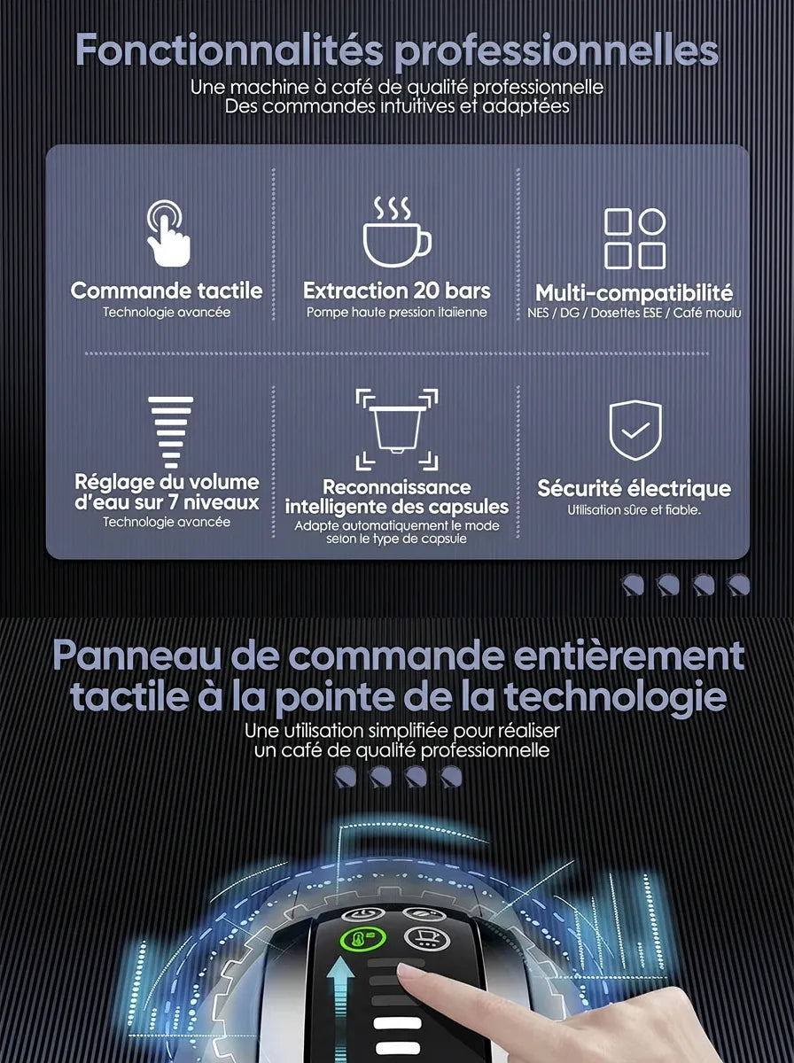 Résumé des fonctionnalités professionnelles : tactile, 20 bars, multi-compatibilité.