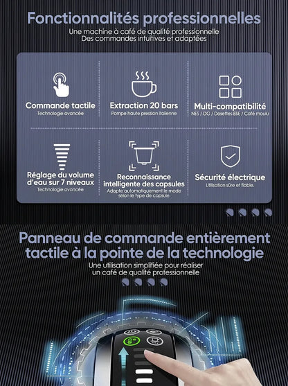 Résumé des fonctionnalités professionnelles : tactile, 20 bars, multi-compatibilité.