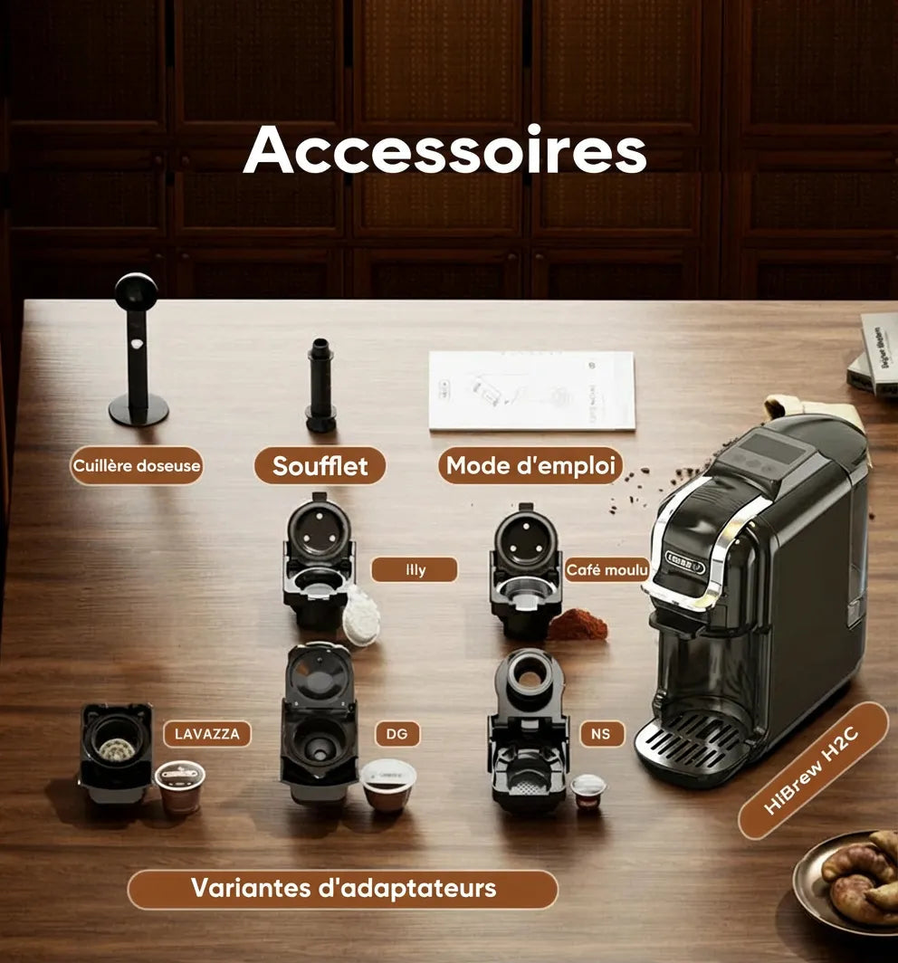 Accessoires inclus : adaptateurs multiples, cuillère doseuse et soufflet