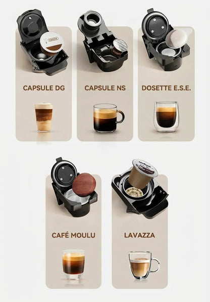 Les 5 types de compatibilité : Dolce Gusto, Nespresso, E.S.E, Moulu, Lavazza