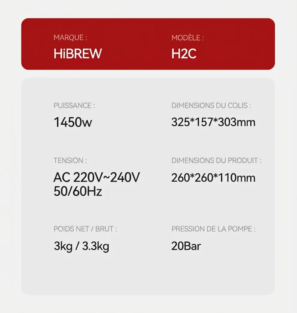 Spécifications techniques HiBREW H2C : 1450W, 20 Bars et dimensions