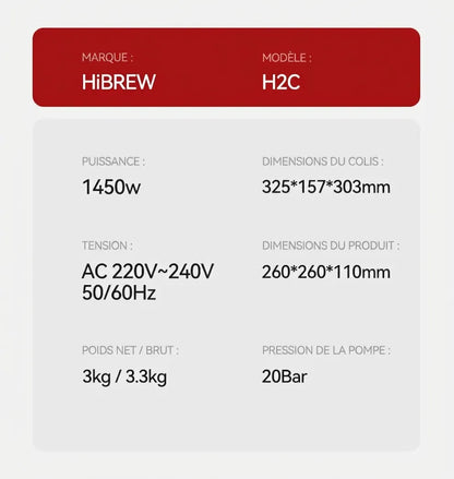 Spécifications techniques HiBREW H2C : 1450W, 20 Bars et dimensions