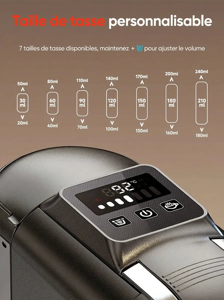Interface tactile affichant les 7 tailles de tasse de 50ml à 240ml