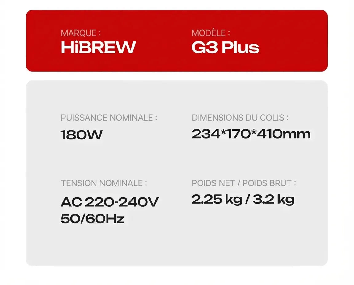 Spécifications techniques du HiBREW G3 Plus : 180W, 220-240V, poids 2.25kg.