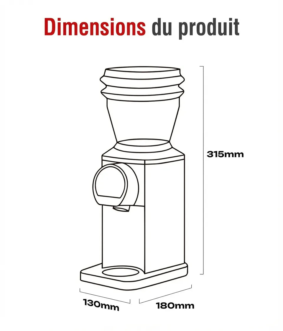 Schéma des dimensions du moulin à café HiBREW G3 Plus : 130x180x315 mm.