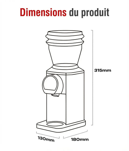 Schéma des dimensions du moulin à café HiBREW G3 Plus : 130x180x315 mm.