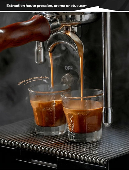 Extraction d'un espresso avec une belle crema dorée en tasse.
