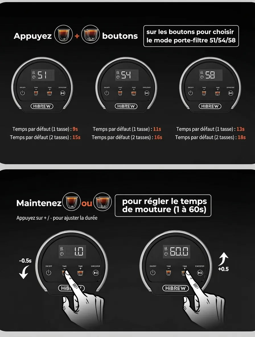 Guide de réglage tactile pour les modes de porte-filtre et temps de mouture.