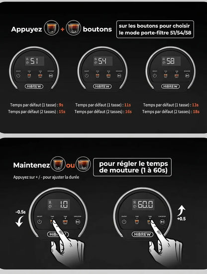 Guide de réglage tactile pour les modes de porte-filtre et temps de mouture.