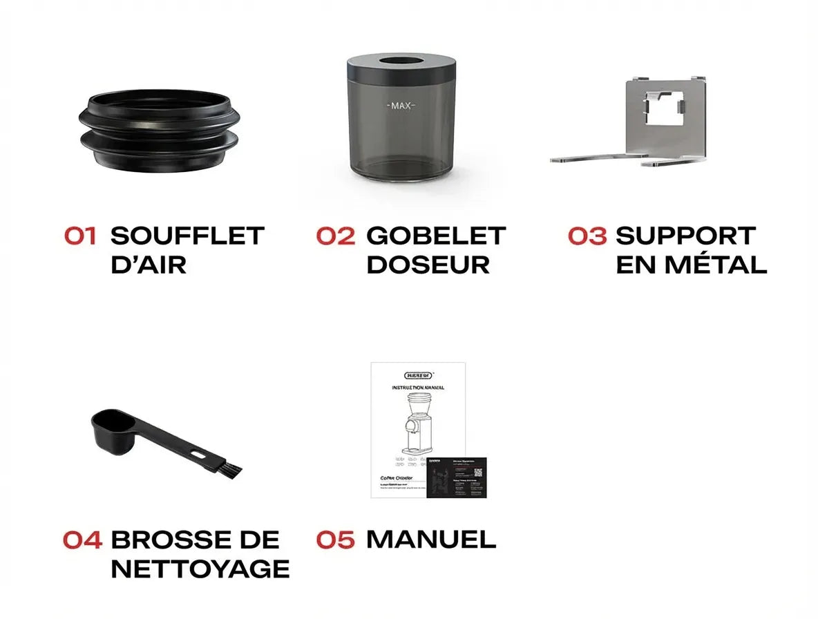 Accessoires inclus : soufflet, gobelet, support, brosse et manuel.