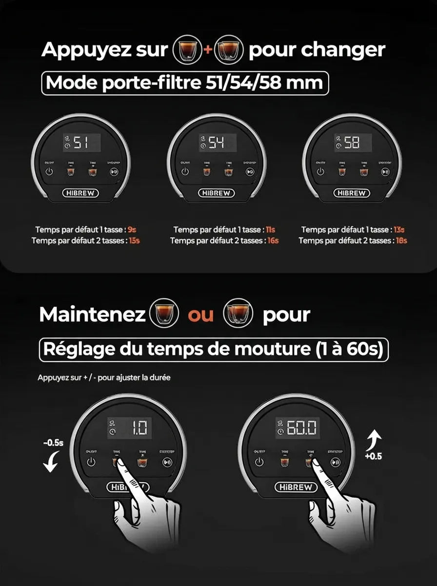 Instructions d'utilisation de l'écran pour ajuster le temps de 1 à 60s.